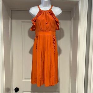 Tibi New York Midi Silk Orange Ruffle Halter Dress